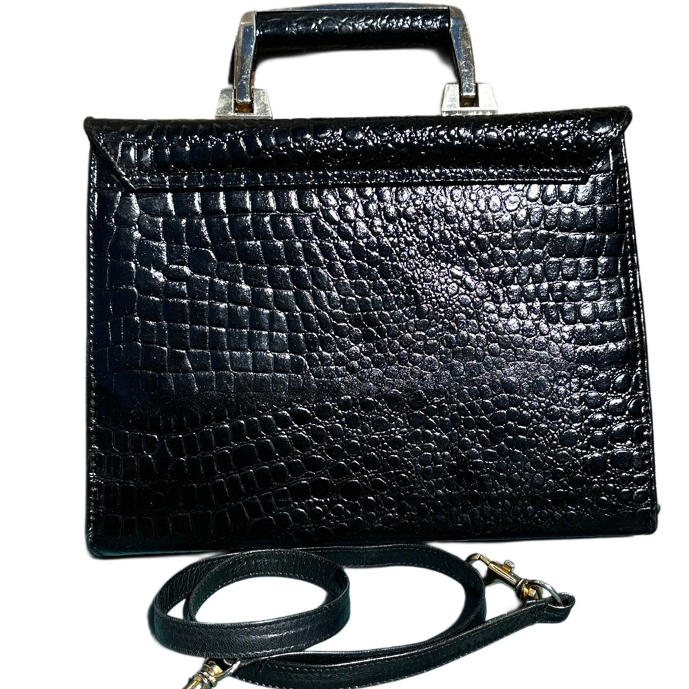 MICHELLE 80’s GENUINE LEATHER Croc-Embossed Black Burgundy Handle Satchel Strap - Picture 2 of 13